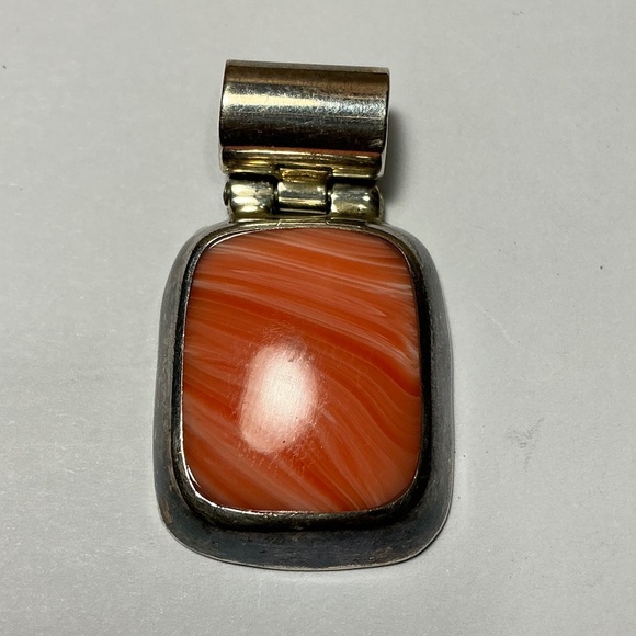Sterling Silver Mexican Pendant with a Coral Stone. 1 3/8 inches long - Picture 1 of 4